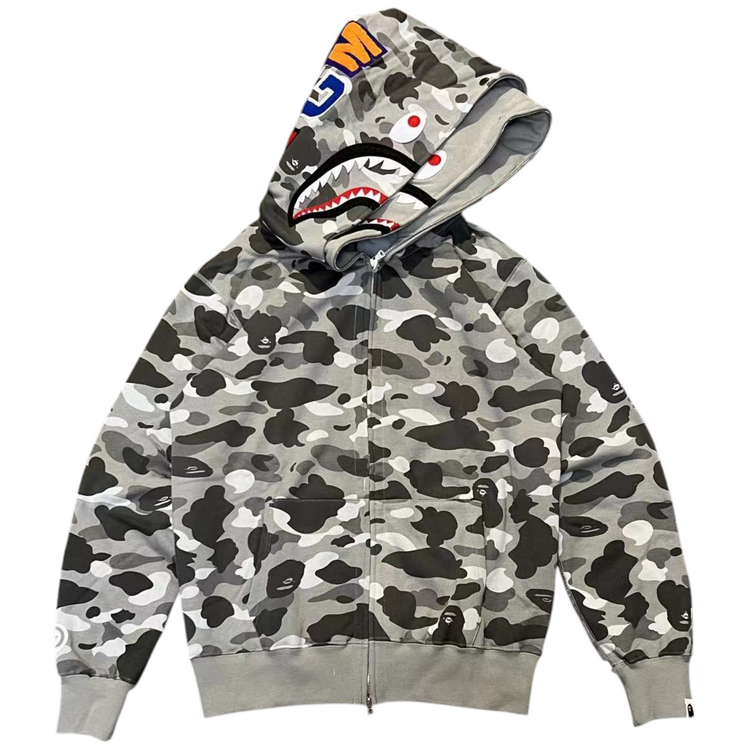 Color Camo Shark Wide Full Zip Double Hoodie Gray
