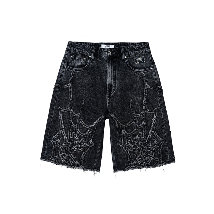 Spider Web Denim Shorts Washed Black