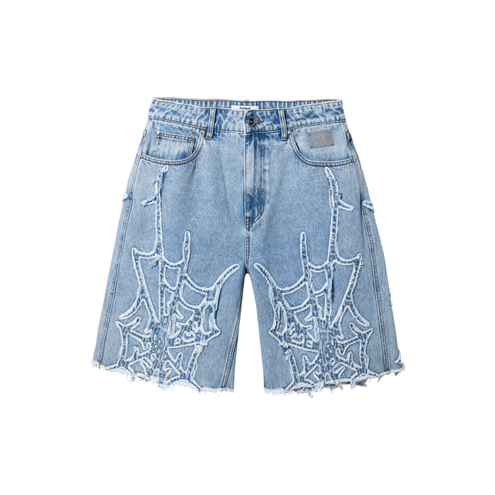 Spider Web Denim Shorts Bleached Indigo